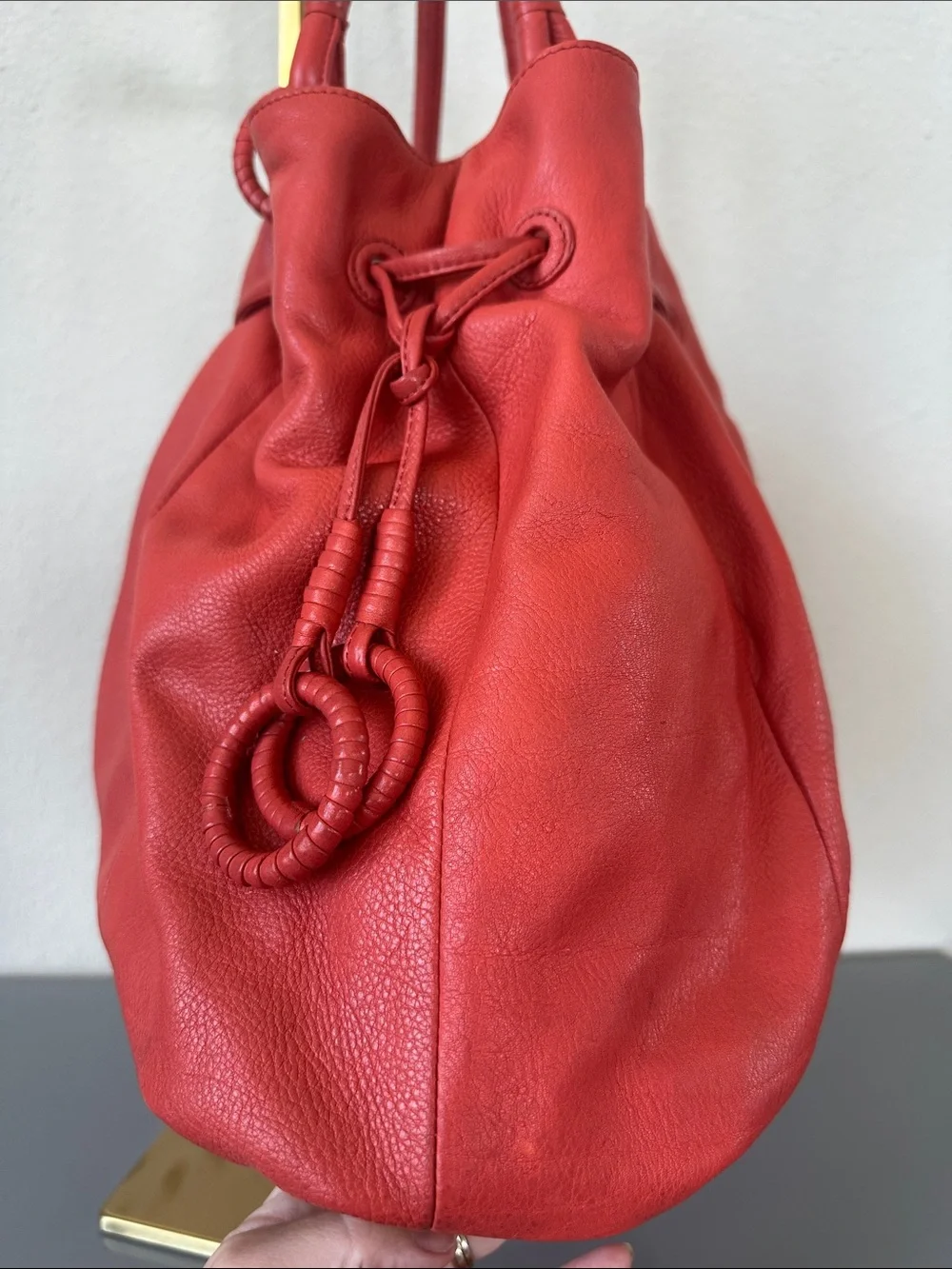Fiore by Isabella Fiore, Deep coral/orange, 100% Leather Drawstring Tote w/ GHW